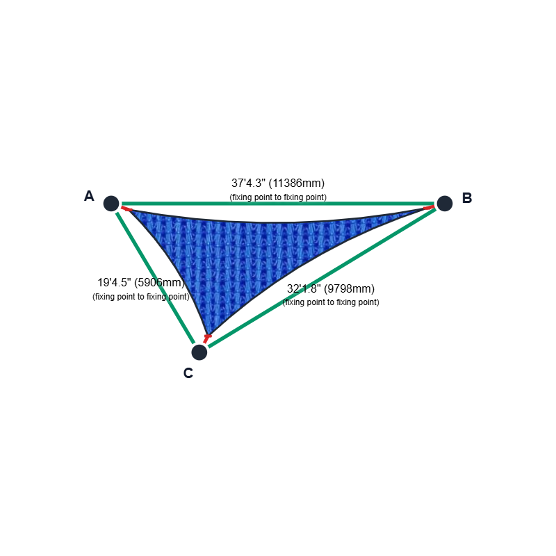 Custom Monotec 370 Shade Sail - Bundena Blue - 3 Corner - Technical Drawing