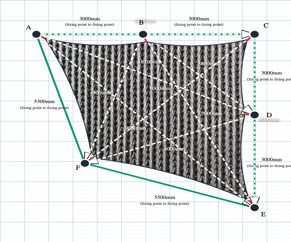 Custom Monotec 370 Shade Sail - Titanium - 6 Corner - Technical Drawing