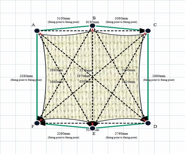 Custom ExtraBlock 330 Shade Sail - Cream - 6 Corner - Technical Drawing