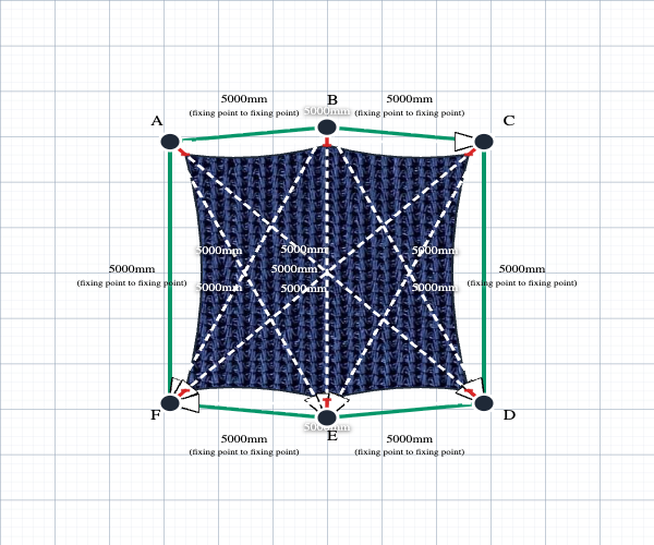 Custom Monotec 370 Shade Sail - Sheba Navy - 6 Corner - Technical Drawing