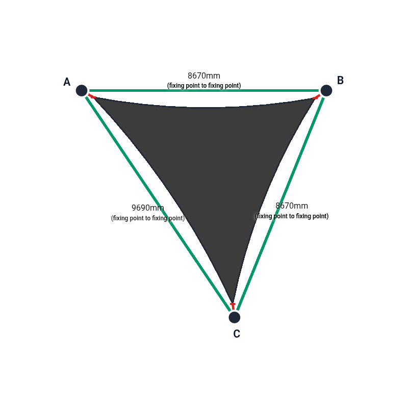 Custom Monotec 370 Shade Sail - Graphite Grey - 3 Corner - Technical Drawing