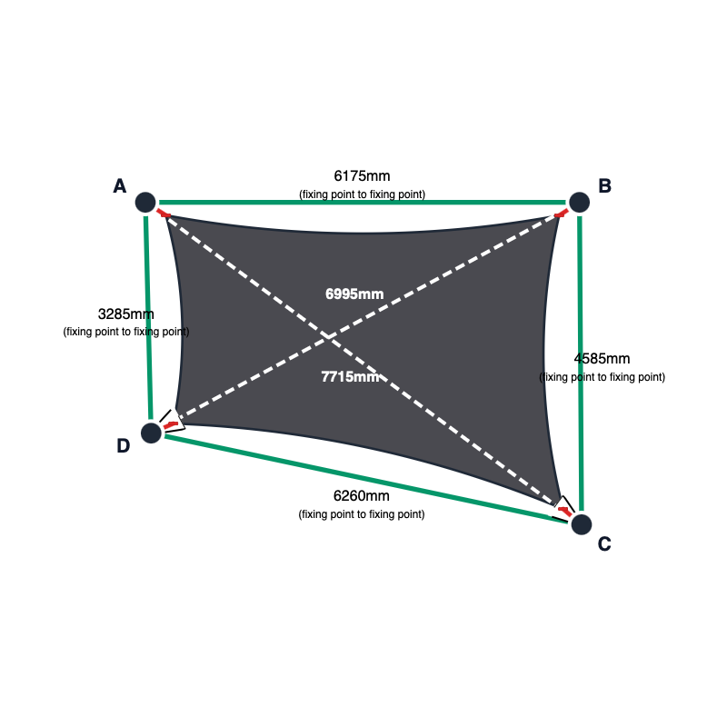 Custom Commercial 95 Shade Sail - Gun Metal - 4 Corner - Technical Drawing