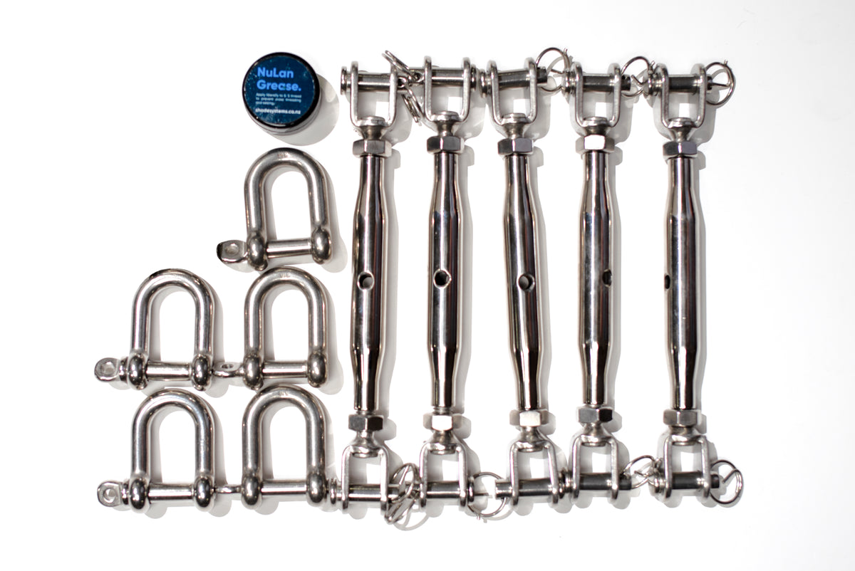 Five-corner Shade Sail hardware kit with stainless steel turnbuckles, D-shackles and thread grease.
