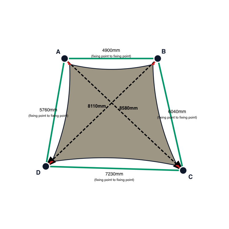 Custom Commercial 95 Shade Sail - Stone - 4 Corner - Technical Drawing
