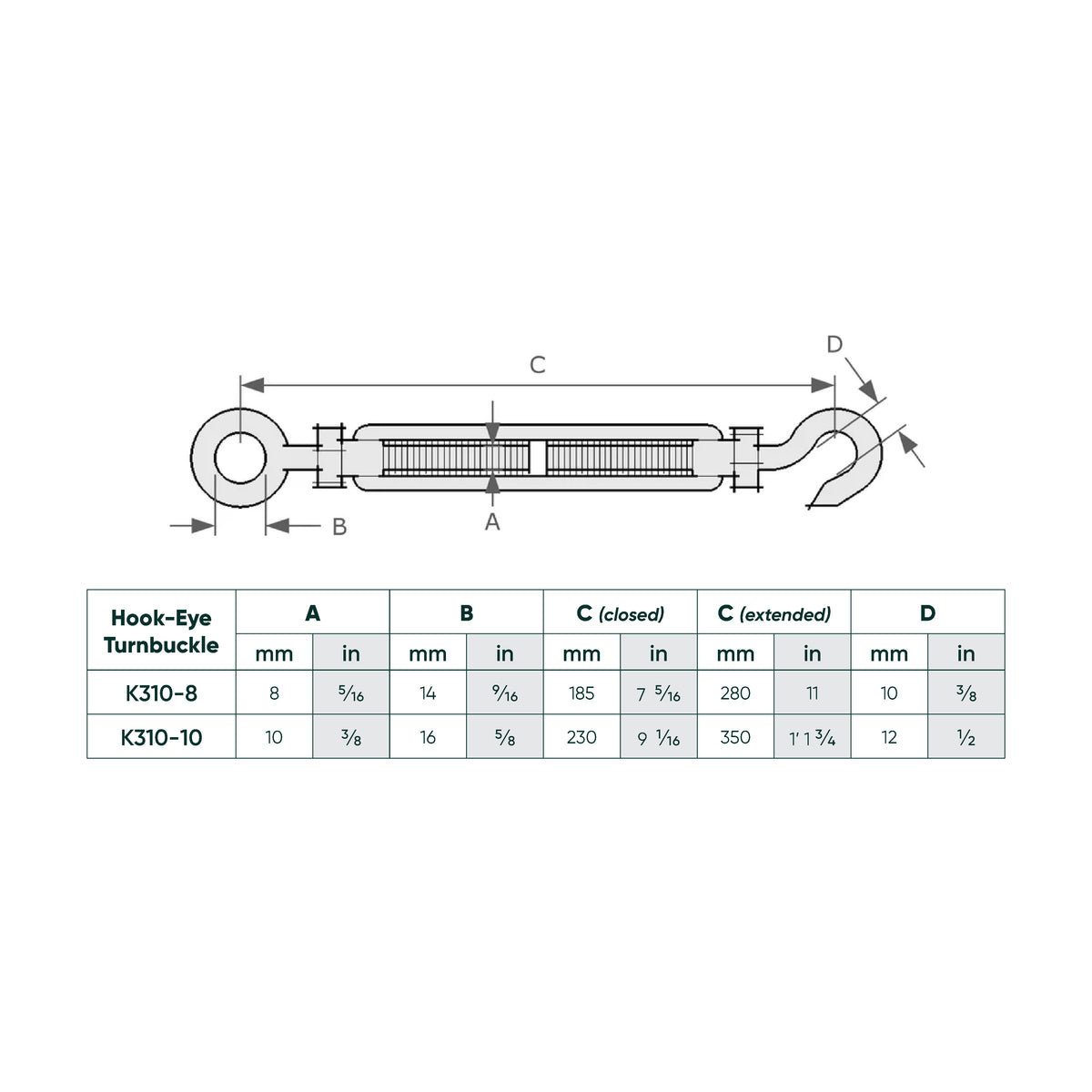 Technical dimension diagram and measurement table for a hook-eye turnbuckle, showing labeled parts A, B, C, and D with closed and extended hook positions and a size reference table for K310-8 and K310-10.