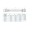Technical diagram and sizing table for a Jaw-Jaw Pipe Turnbuckle, showing a line drawing with dimension labels A, B, and C, plus a table listing measurements for 4 different sizes.
