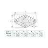 Technical dimension diagram of a diamond-shaped eye plate with labeled dimensions A, B, C, and D, plus a reference table for measurements.