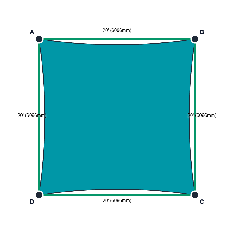 Custom Commercial 95 Shade Sail - Aquatic Blue - 4 Corner - Technical Drawing
