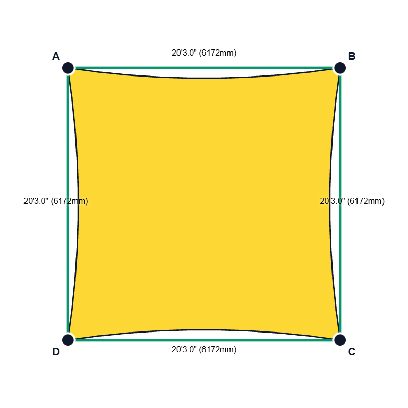 Custom Monotec 370 Shade Sail - Mellow Haze Yellow - 4 Corner - Technical Drawing