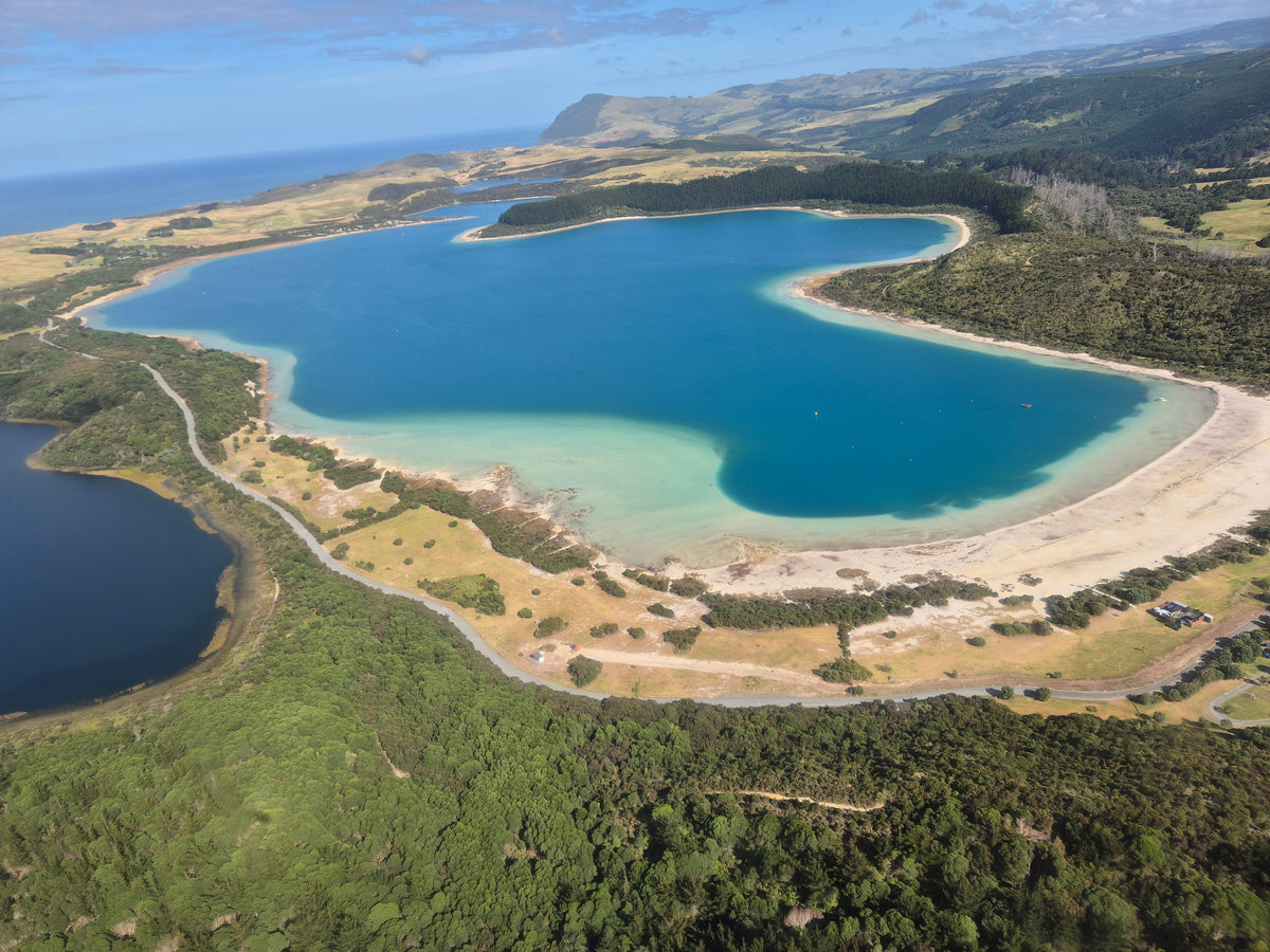 Aerial view of Kai Iwi Lakes and the west coast near ShadeSpace's Dargaville home.