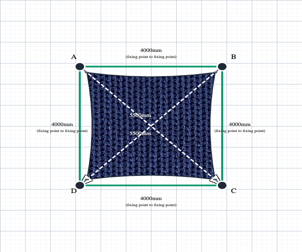 Custom Monotec 370 Shade Sail - Sheba Navy - 4 Corner - Technical Drawing