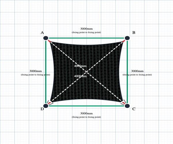Custom Monotec 370 Shade Sail - Domino Black - 4 Corner - Technical Drawing
