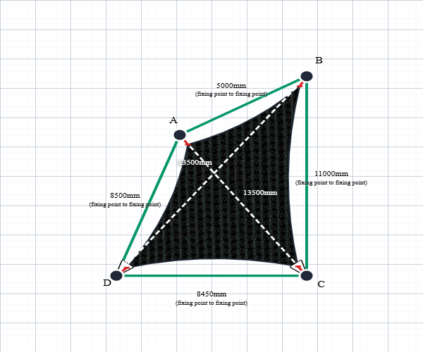 Custom Monotec 370 Shade Sail - Domino Black - 4 Corner - Technical Drawing