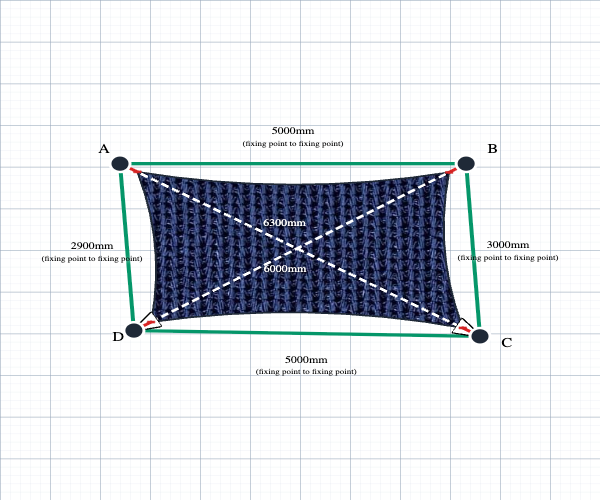Custom Monotec 370 Shade Sail - Sheba Navy - 4 Corner - Technical Drawing