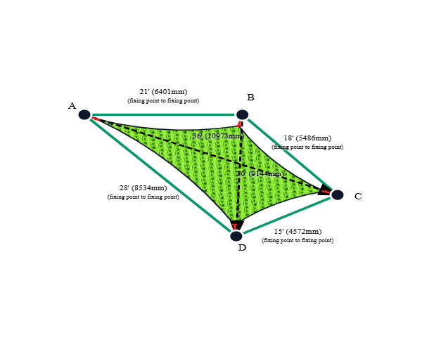 Custom Monotec 370 Shade Sail - Lime Fizz - 4 Corner - Technical Drawing