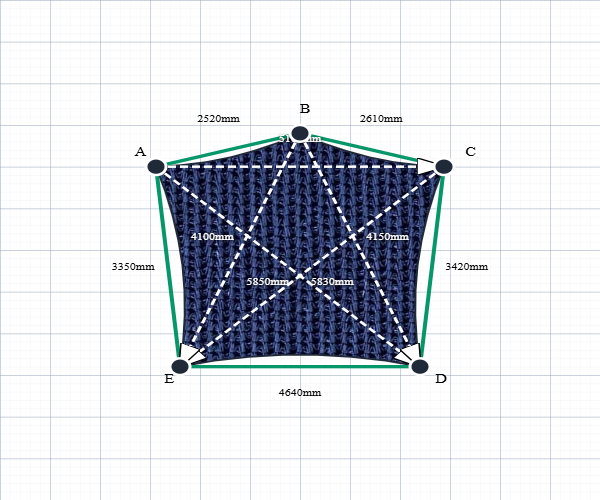 Custom Monotec 370 Shade Sail - Sheba Navy - 5 Corner - Technical Drawing