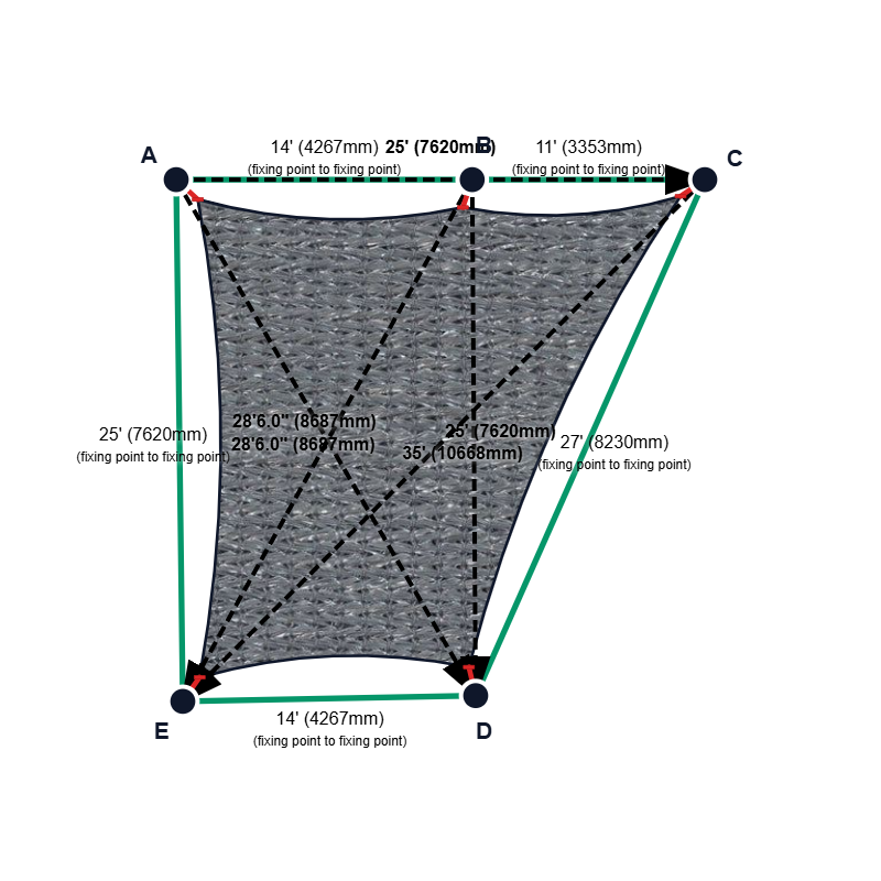 Custom Shadetec 320 Shade Sail - Alpine Silver - 5 Corner - Technical Drawing