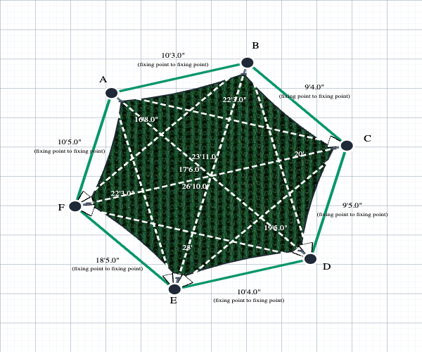 Custom Monotec 370 Shade Sail - Koonunga Green - 6 Corner - Technical Drawing
