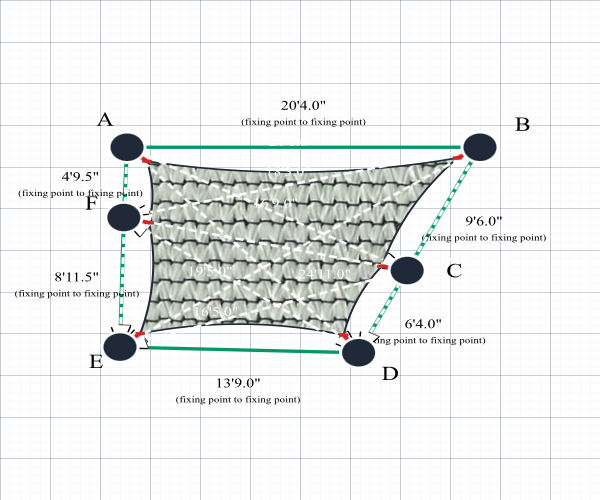 Custom ExtraBlock 330 Shade Sail - Pearl Onyx - 6 Corner - Technical Drawing