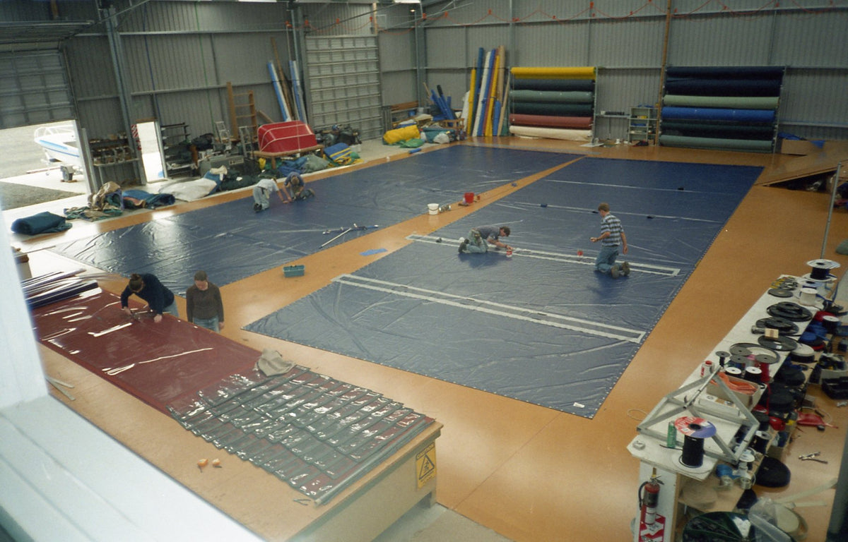 Shade Sail fabric being manufactured on the early Shade Systems factory floor.
