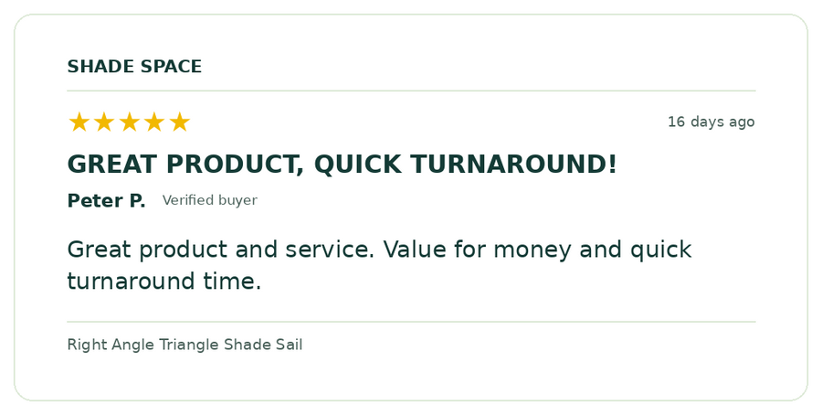 Five-star customer review of a Shade Space shade sail
