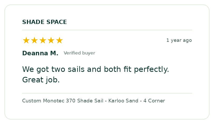 Five-star customer review of a Shade Space shade sail