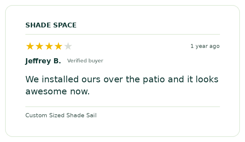 Five-star customer review of a Shade Space shade sail