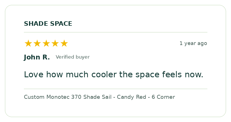Five-star customer review of a Shade Space shade sail