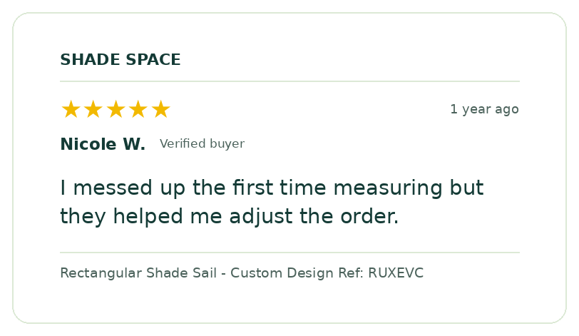 Five-star customer review of a Shade Space shade sail