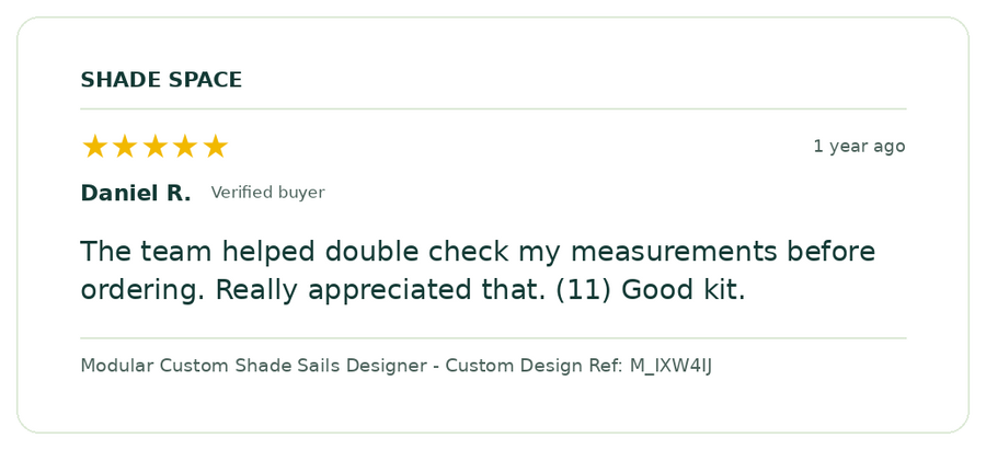 Five-star customer review of a Shade Space shade sail