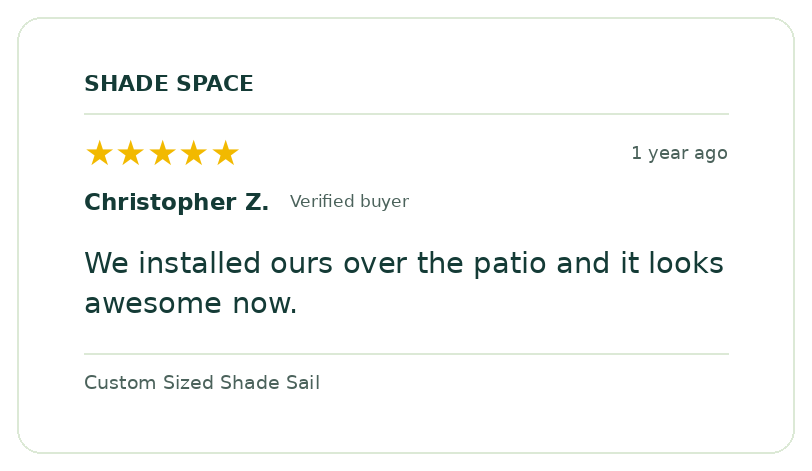 Five-star customer review of a Shade Space shade sail